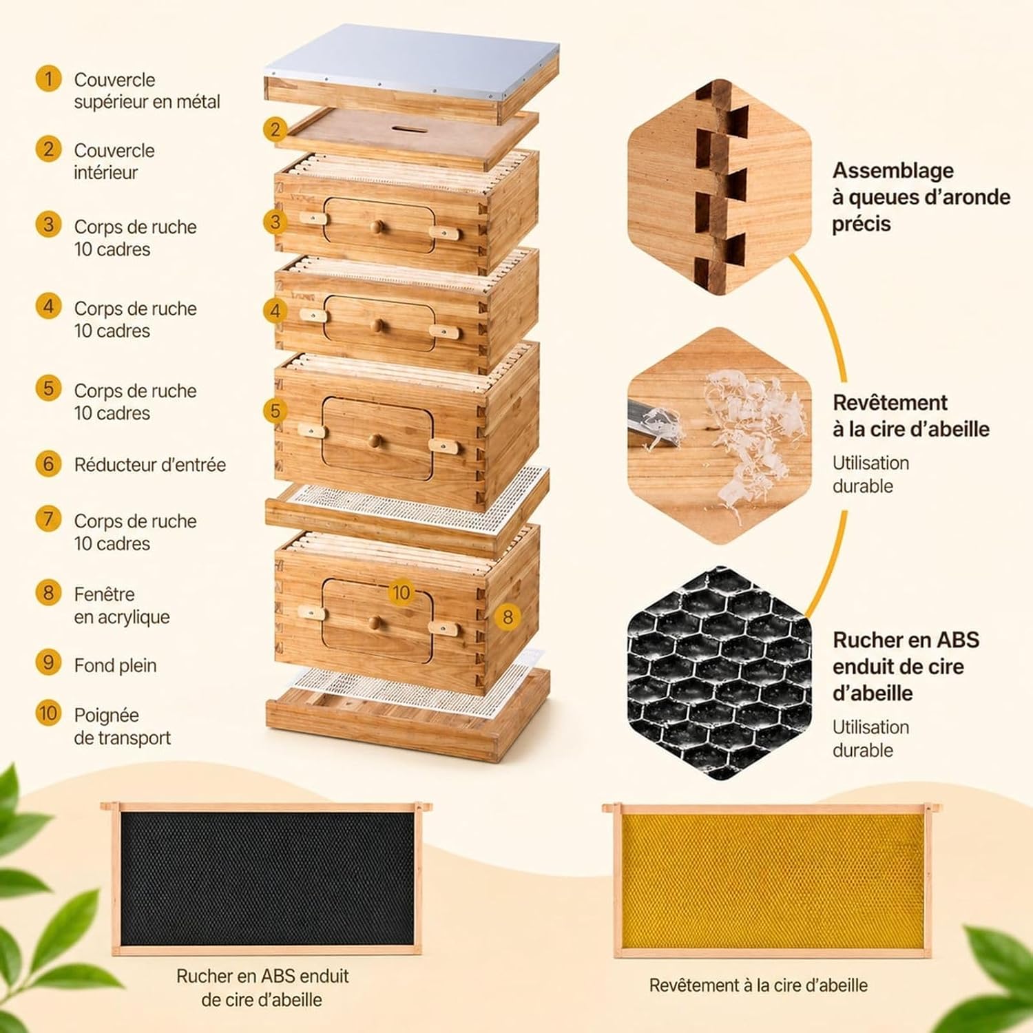 Kit de ruche Langstroth avec 40 cadres Zander, 2 boîtes profondes, 2 boîtes moyennes, bois de cèdre enduit de cire d'abeille, fenêtres acryliques transparentes et fondations