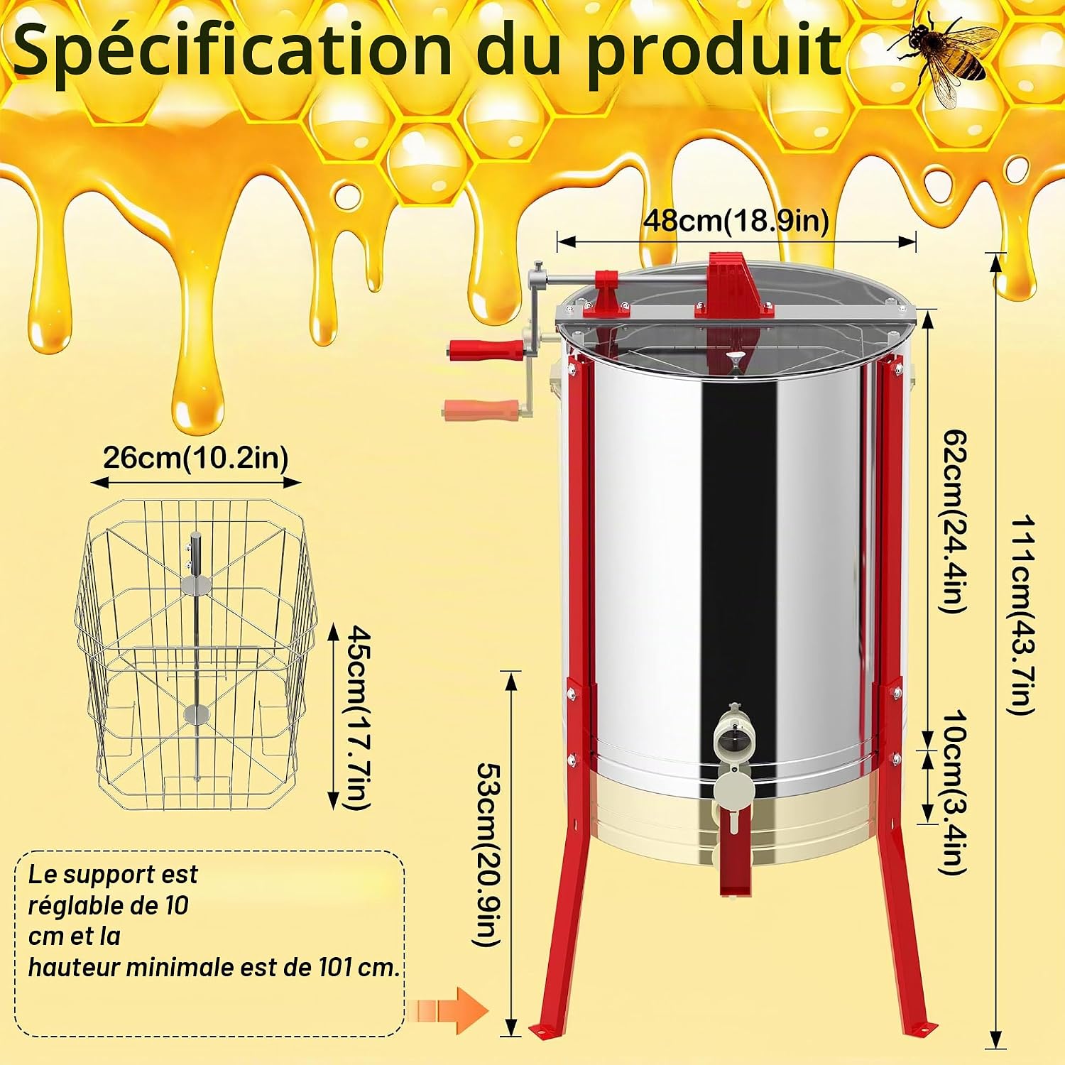 UISEBRT Extracteur de miel manuel en acier inoxydable 4 cadres - Extracteur de miel centrifuge tangentielle avec couvercle et support réglable 101-111cm - Presse à miel manuelle pour apiculteur - Ø Ø 48cm - 4 Waben