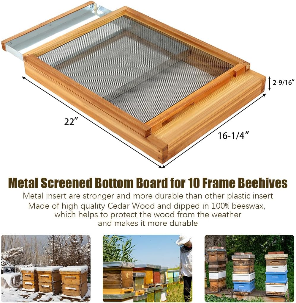 Honey Lake Langstroth Panneau inférieur blindé en métal trempé dans de la cire d'abeille 100 % avec réducteur d'entrée, panneau inférieur pour ruche à 10 cadres, planche séparée pour ruche 10-Frame