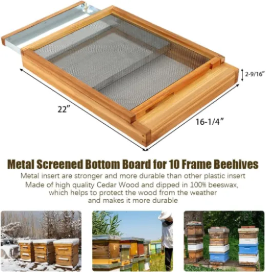 Honey Lake Langstroth Panneau inférieur blindé en métal trempé dans de la cire d'abeille 100 % avec réducteur d'entrée, panneau inférieur pour ruche à 10 cadres, planche séparée pour ruche 10-Frame