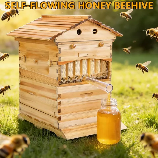 Auto Flow Hive Beehive Kit avec Cadre de Flux et Robinet à Miel, Kit de Départ de Ruche à Style de Cabane pour l'Élevage d'Abeilles dans Le Jardin 24"×22"×30"