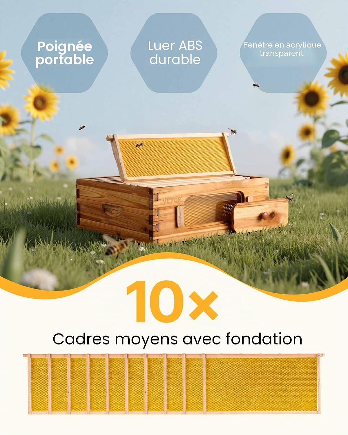 Kit démarrage Ruche avec boîte Moyenne, Bois de Sapin Enduit de Cire d'abeille, kit Ruche Langstroth avec 10 Cadres et fondations fenêtres Acrylique Transparent pour apiculteurs Pro débutants Medium Super Box x 1