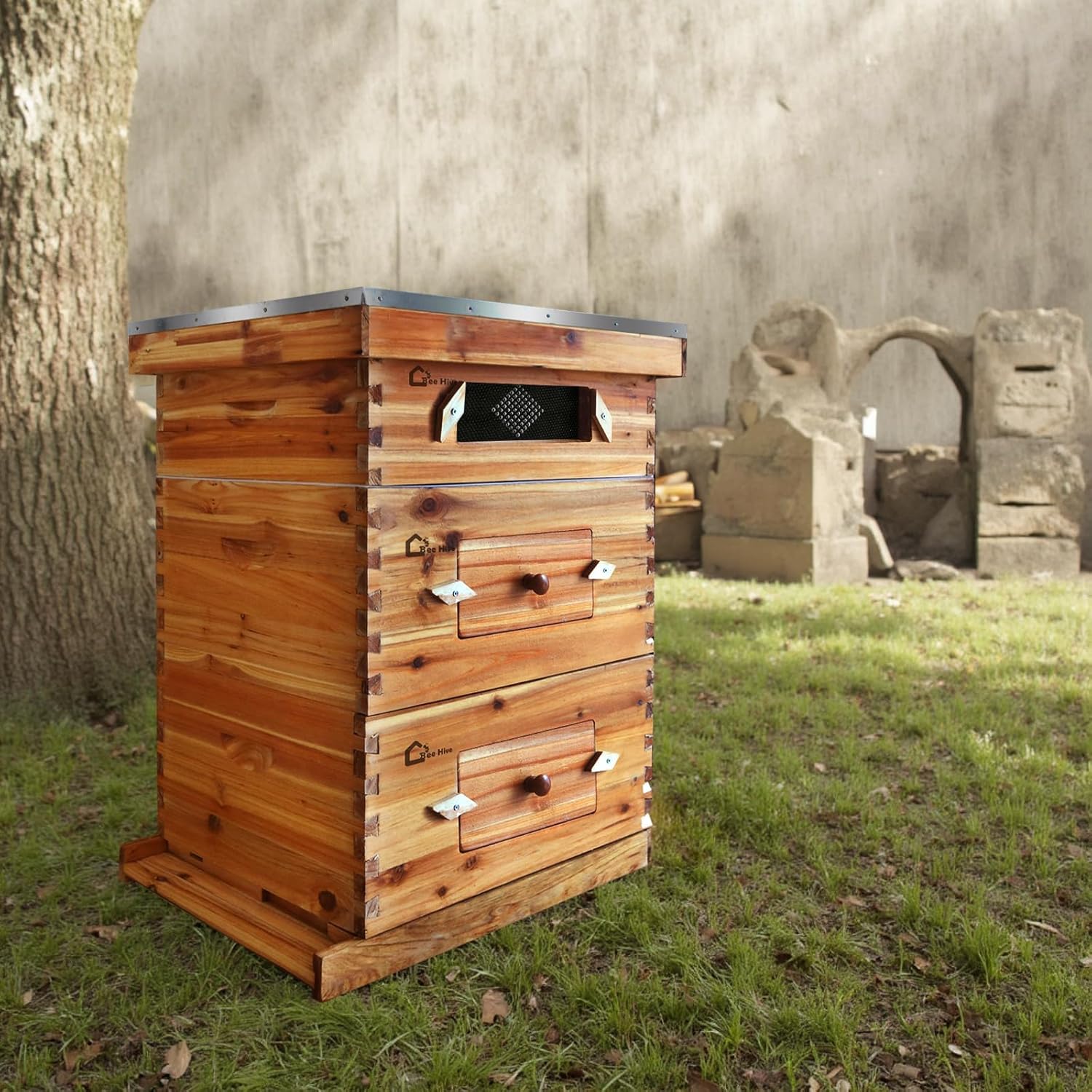 Kit complet ruche Langstroth 10 cadres pour apiculture – 2 corps profonds, 1 hausse moyenne, fenêtres acryliques, cadres et cires inclus – Bois de sapin traditionnel – Traditionnelle ruche en