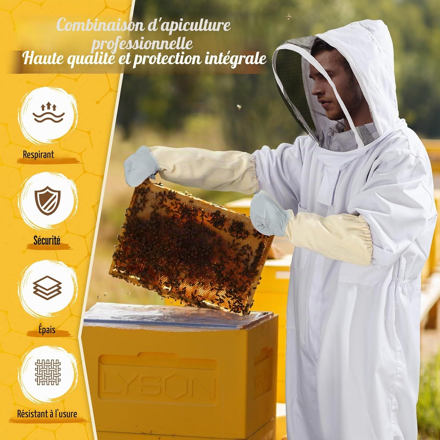 Moontay Combinaison d'Apiculture pour Tout le Corps Vêtements à Capuchon avec Voile Manteau de Protection pour Apiculteurs Costume Apicole en Coton avec Chaperon Anti Guêpes Équipement (XL)