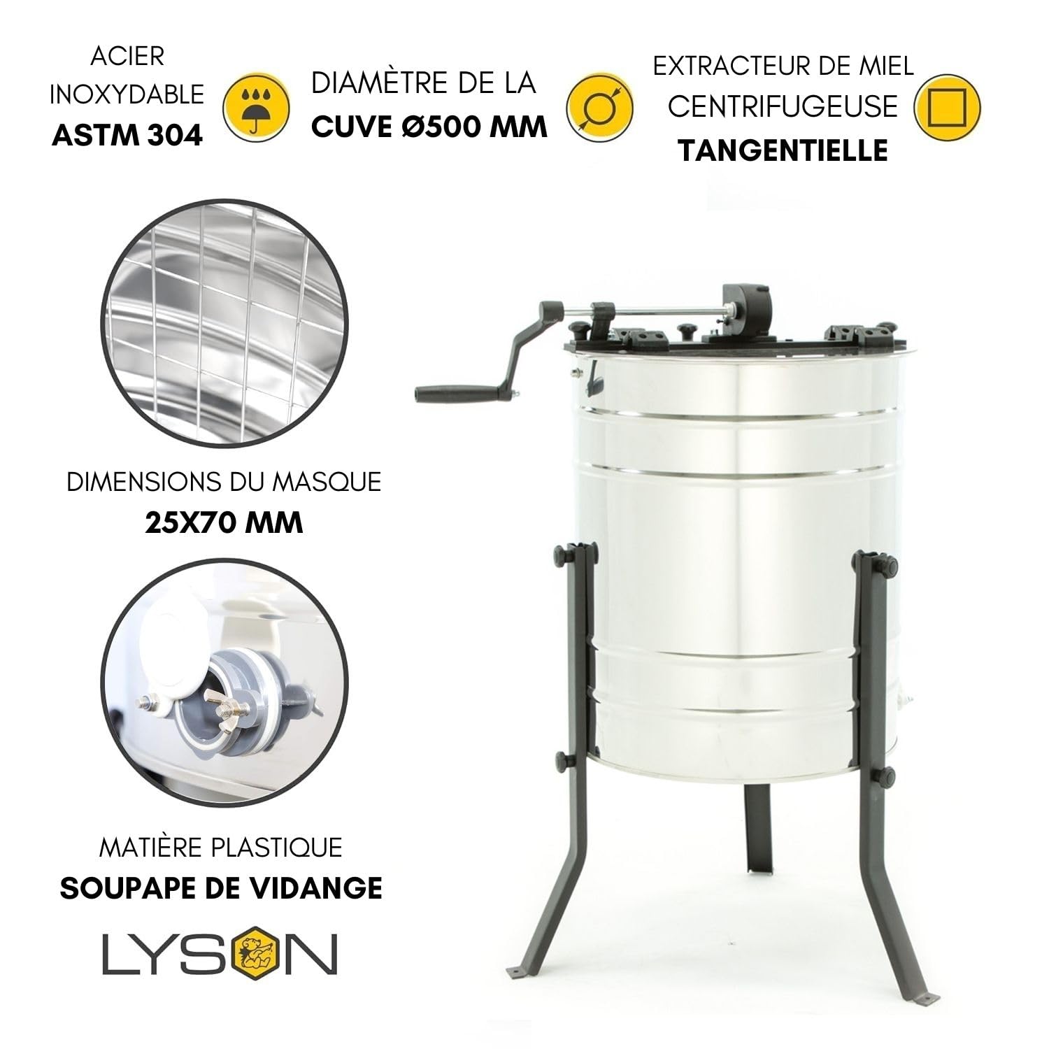 LYSON Extracteur de miel 4 rayons extracteur diagonal Ø500 Manuel Honeyextractor Extracteur tangentiel pour 4 cadres DNM, LN, Zander inox apiculture accessoires BASIC LINE