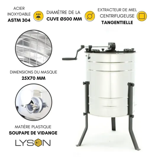 LYSON Extracteur de miel 4 rayons extracteur diagonal Ø500 Manuel Honeyextractor Extracteur tangentiel pour 4 cadres DNM, LN, Zander inox apiculture accessoires BASIC LINE