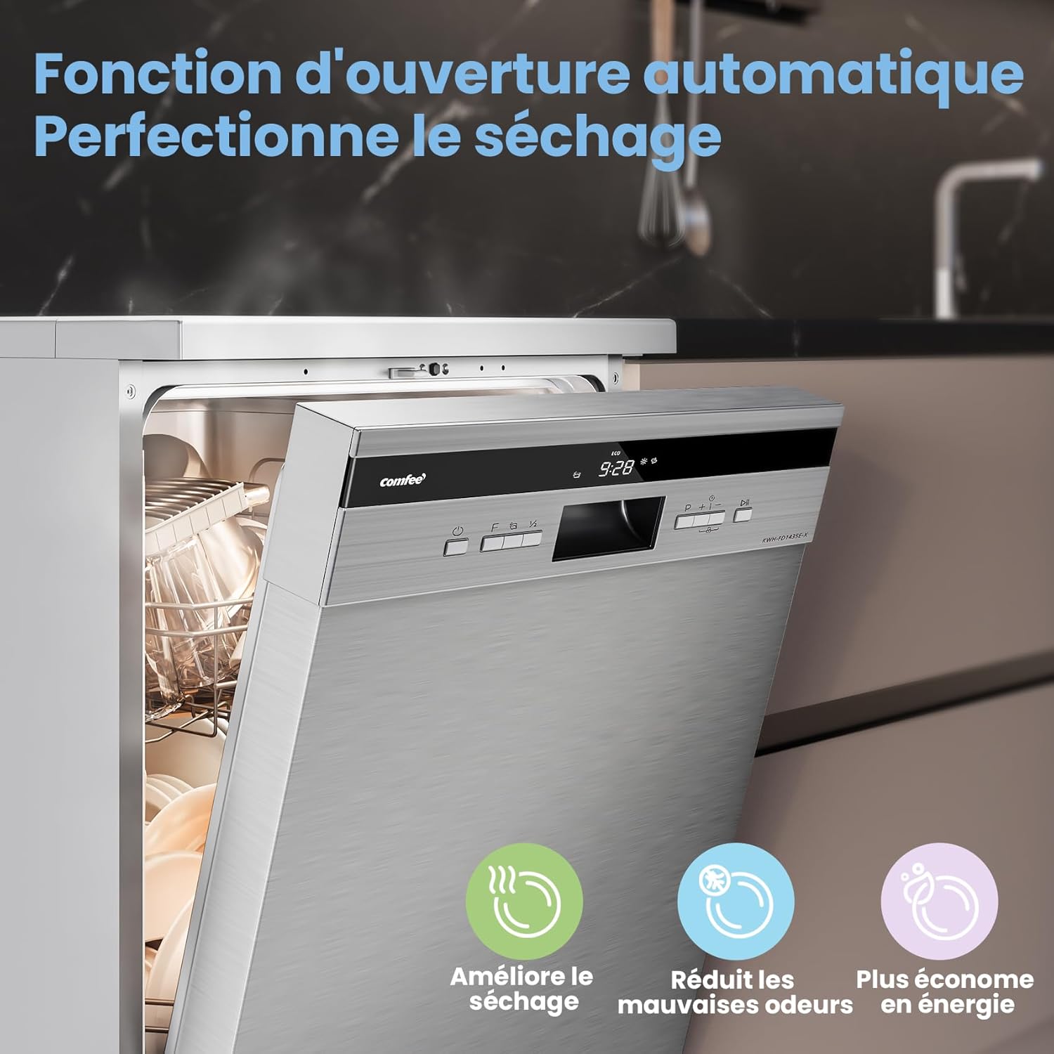 ' FD1435E-X Lave-vaisselle Pose Libre 60 cm, 14 Couverts, Ouverture Automatique, 8 Programmes, Démarrage Différé, Demi-Charge, Paniers Flexibles, 44 dB Silencieux, Classe D, Acier Inoxydable