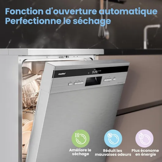' FD1435E-X Lave-vaisselle Pose Libre 60 cm, 14 Couverts, Ouverture Automatique, 8 Programmes, Démarrage Différé, Demi-Charge, Paniers Flexibles, 44 dB Silencieux, Classe D, Acier Inoxydable