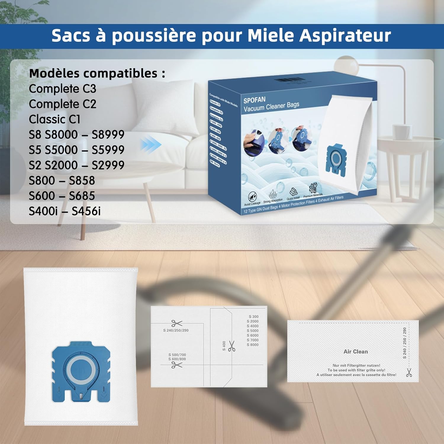 Lot de 12 Sacs à Poussière Pure GN 3D Compatibles avec Miele Hyclean GN Aspirateurs Classic C1 Complete C2 Complete C3, S2 S5 S8 S800 S600 Series avec 4 Filtres Moteur et 4 Filtres D'évacuation Type Gn 12 Sac À Poussière Bleu