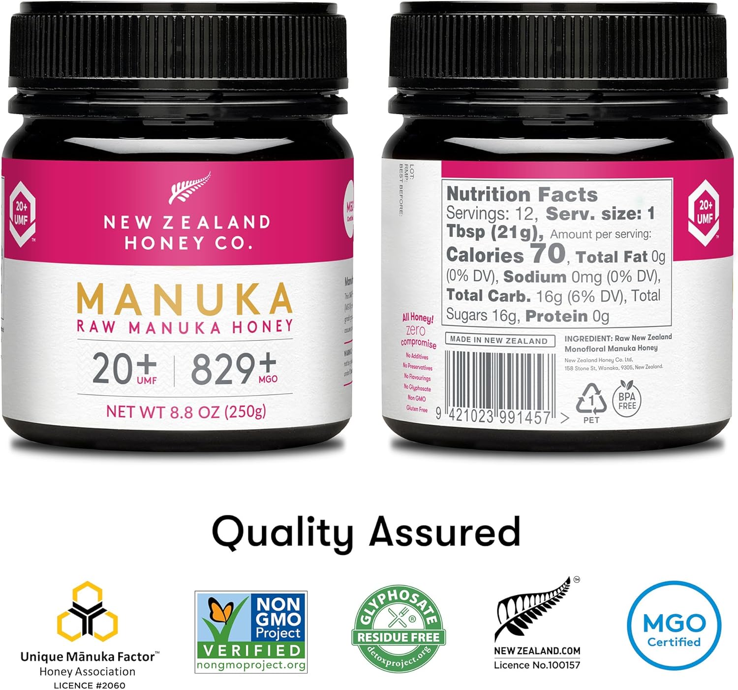 Miel de Manuka MGO 829+ / UMF 20+ de New Zealand Honey Co - - Actif et brut - Fabriqué en Nouvelle-Zélande - 250g Manuka UMF 20+ 250 g (Lot de 1)
