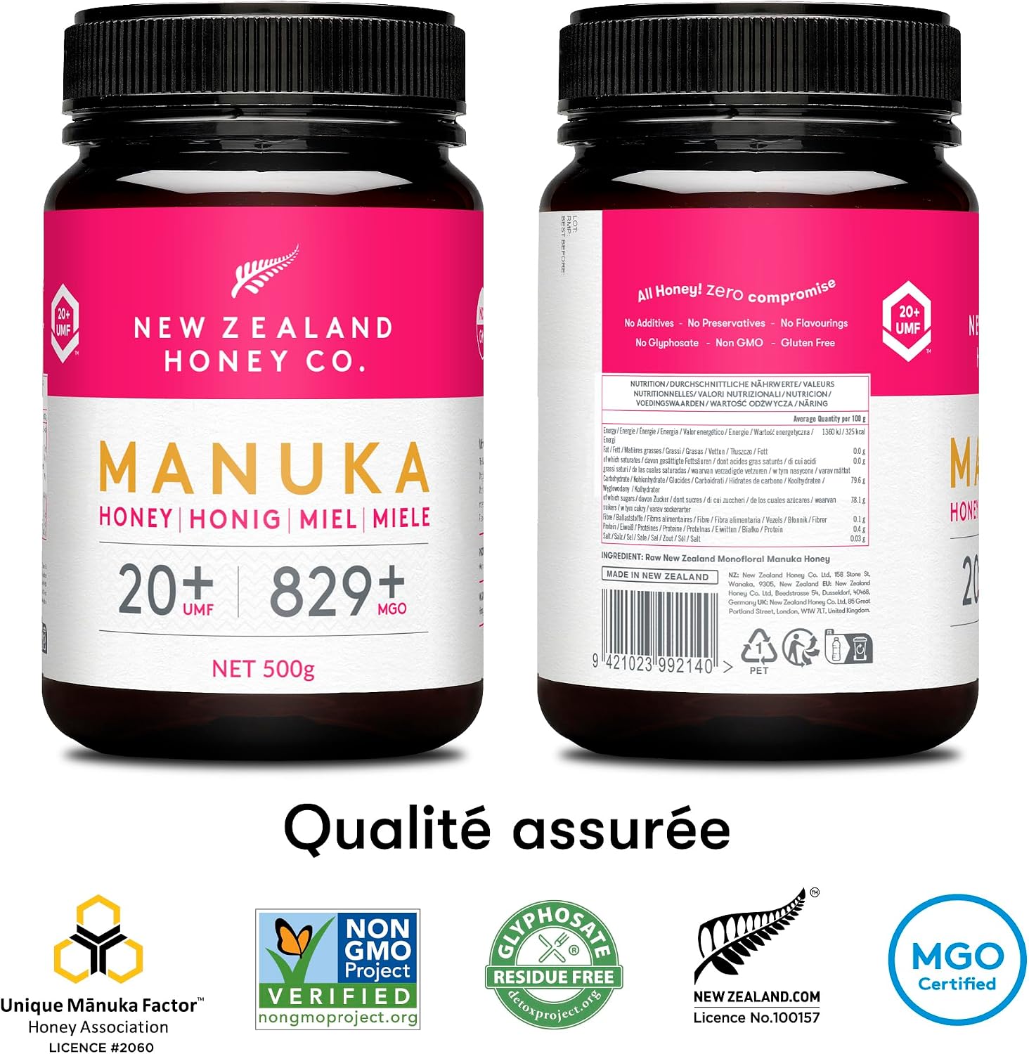 Miel de Manuka MGO 829+ / UMF 20+ de New Zealand Honey Co - - Actif et brut - Fabriqué en Nouvelle-Zélande - 500g Manuka UMF 20+ 500 g (Lot de 1)