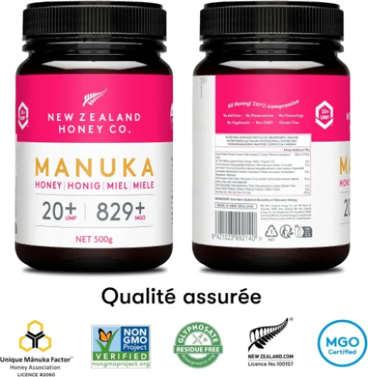 Miel de Manuka MGO 829+ / UMF 20+ de New Zealand Honey Co - - Actif et brut - Fabriqué en Nouvelle-Zélande - 500g Manuka UMF 20+ 500 g (Lot de 1)