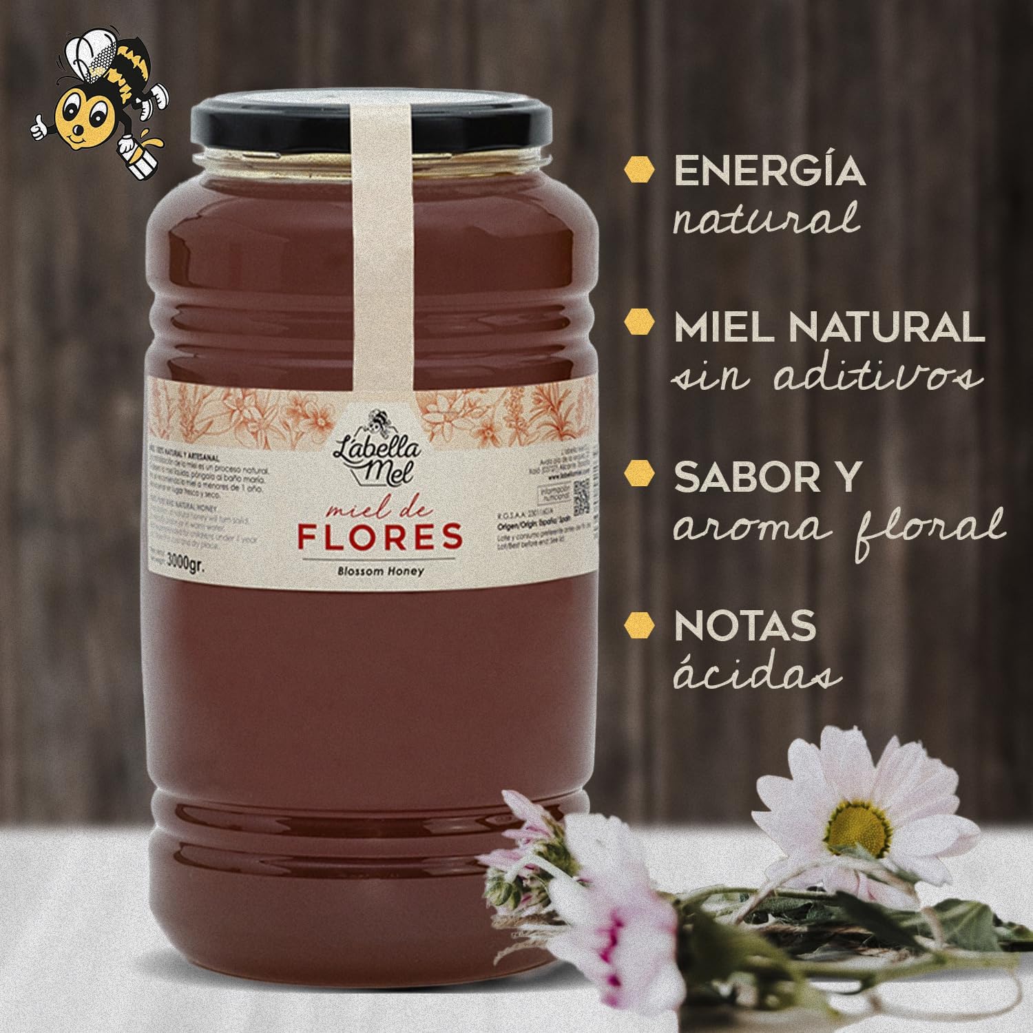 Miel de fleurs 3 kg, miel de qualité et miel liquide naturel au parfum floral idéal pour sucrer boissons, recettes et desserts tout en offrant une saveur authentique pour un usage quotidien.