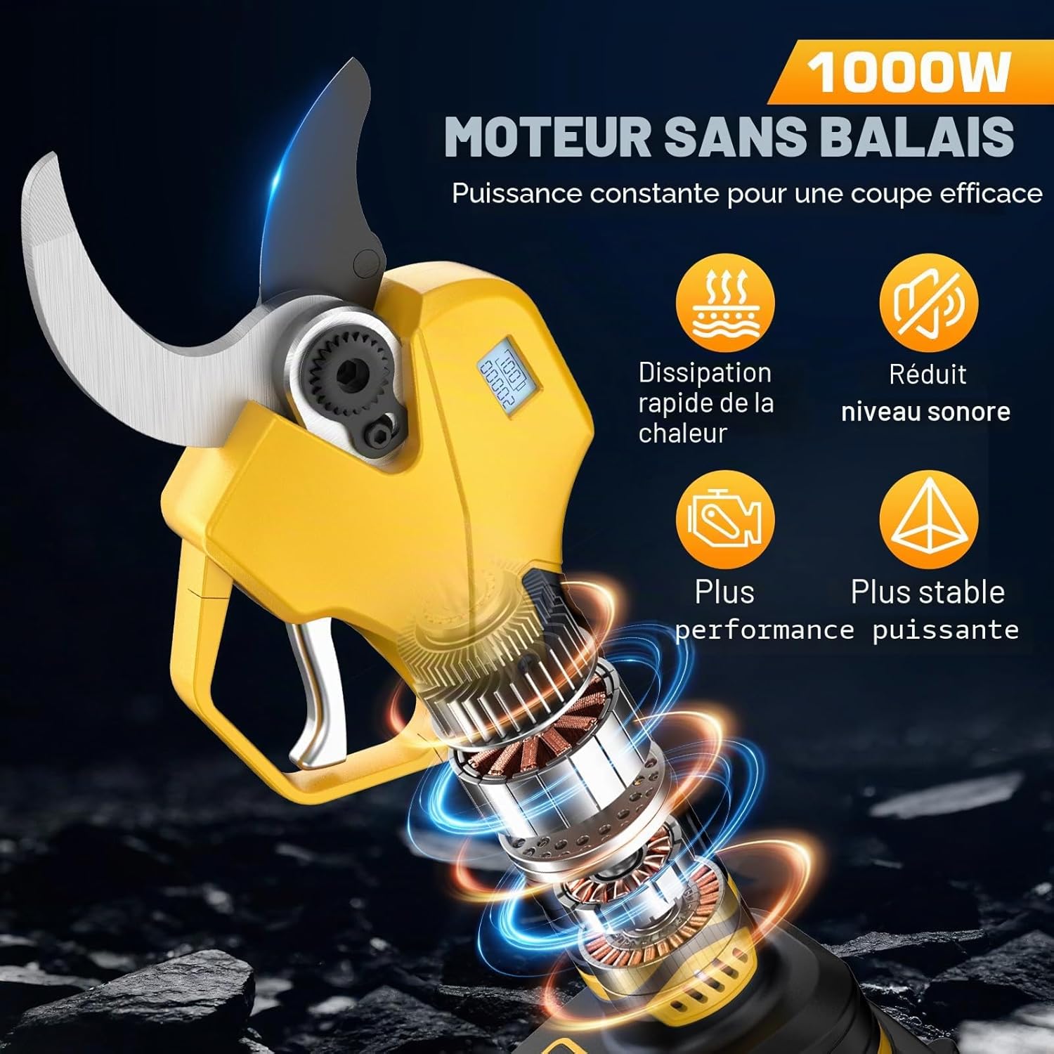 Sécateur Électrique Sans Fil, Secateur Electrique avec 3 Ouvertures de Lame Réglables, 1000w Moteur et L'écran pour Élagage, Sécateur a Batterie Compatible le Batterie Makita pour Branches et Arbustes PS02-Jaune