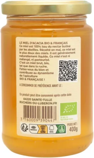 Miel d'Acacia Bio & Français 400 g - 100% Bio - 100% Naturel - Naturellement Liquide - Non Filtré - Non Pasteurisé (Lot de 2) 400 g (Lot de 2)