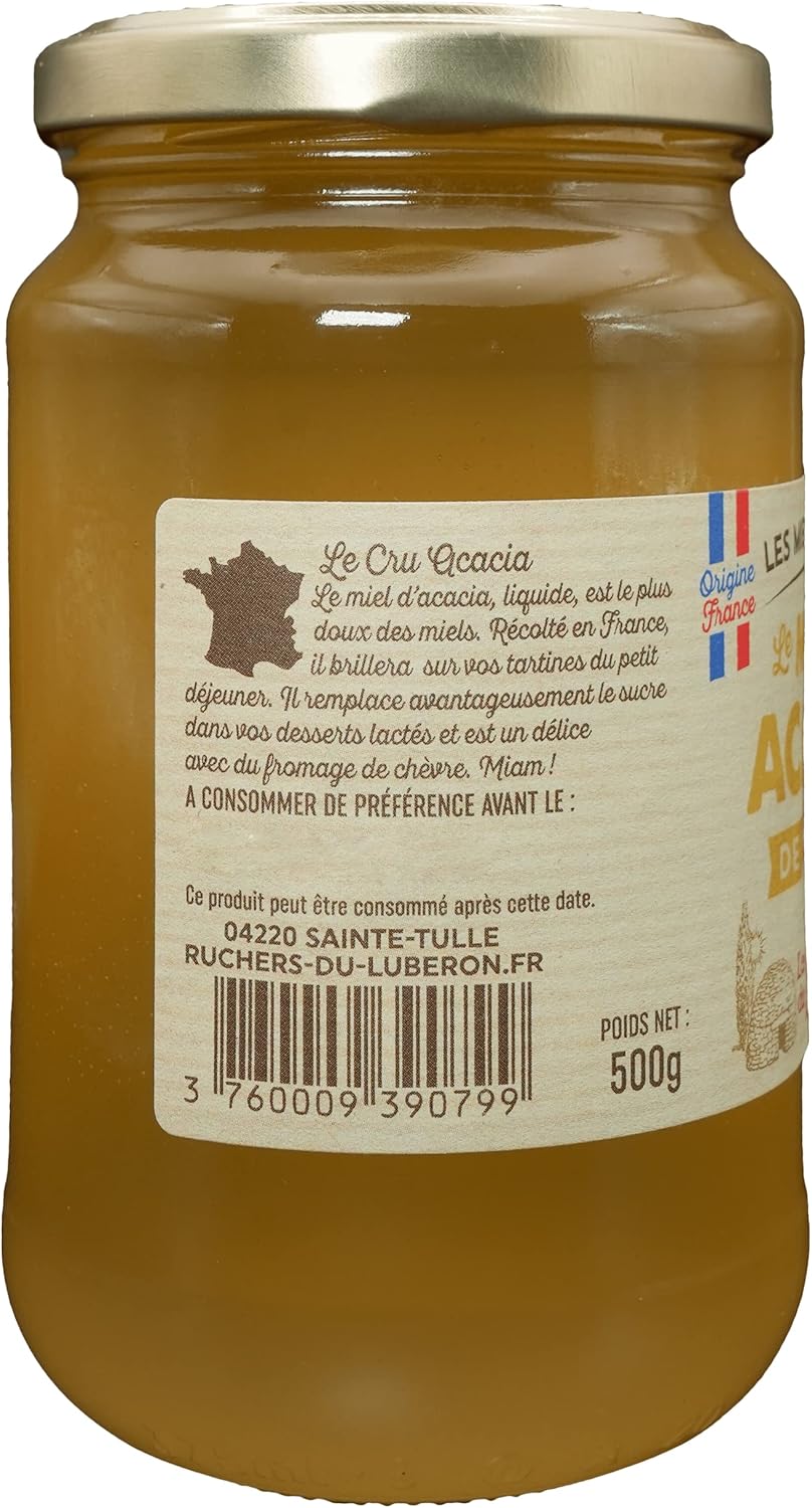 Miel d’Acacia 500 g - Miel de Cru Francais Naturel - Pur - Non Filtré - Non Pasteurisé - Sans Additifs (Lot de 2) Acacia, Bonbon au miel 500 g (Lot de 2)