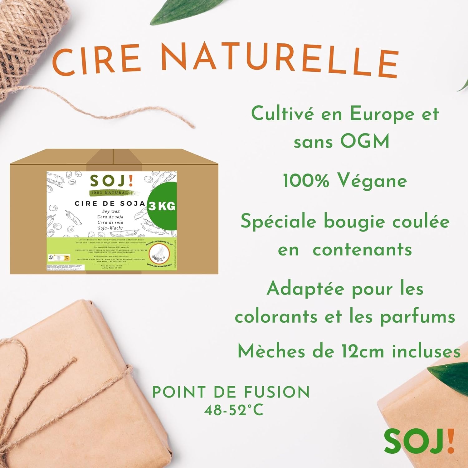 ! Soj - Cire de Soja végétale SANS OGM 100% Naturelle, 3KG, E-BOOK+30 MÈCHES OFFERTES! Fabrication de bougies coulées, Cire pour bougie, Cire de soja pour bougie conditionnée en France 3KG 3KG +30 mèches offertes