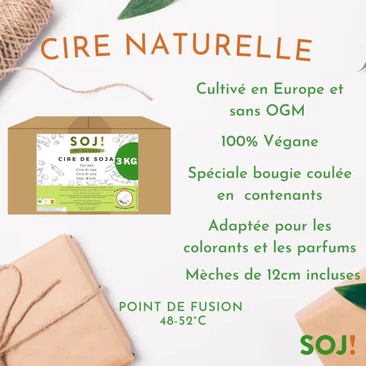 ! Soj - Cire de Soja végétale SANS OGM 100% Naturelle, 3KG, E-BOOK+30 MÈCHES OFFERTES! Fabrication de bougies coulées, Cire pour bougie, Cire de soja pour bougie conditionnée en France 3KG 3KG +30 mèches offertes